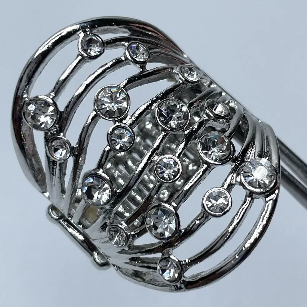 Stunning Silver Tone White Rhinestone Wide Stretch Band Ring Statement Fashion